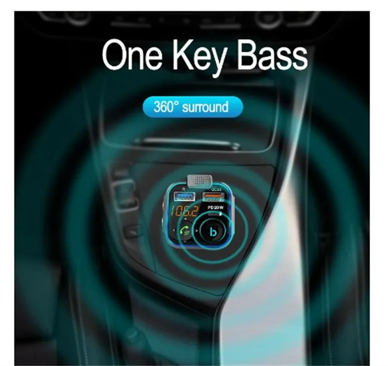 P5 Car Bluetooth 5.0 FM Transmitter One Key Bass Mp3 Player Large Microphone USB Music Play USB QC3.0 PD20W Quick Charger