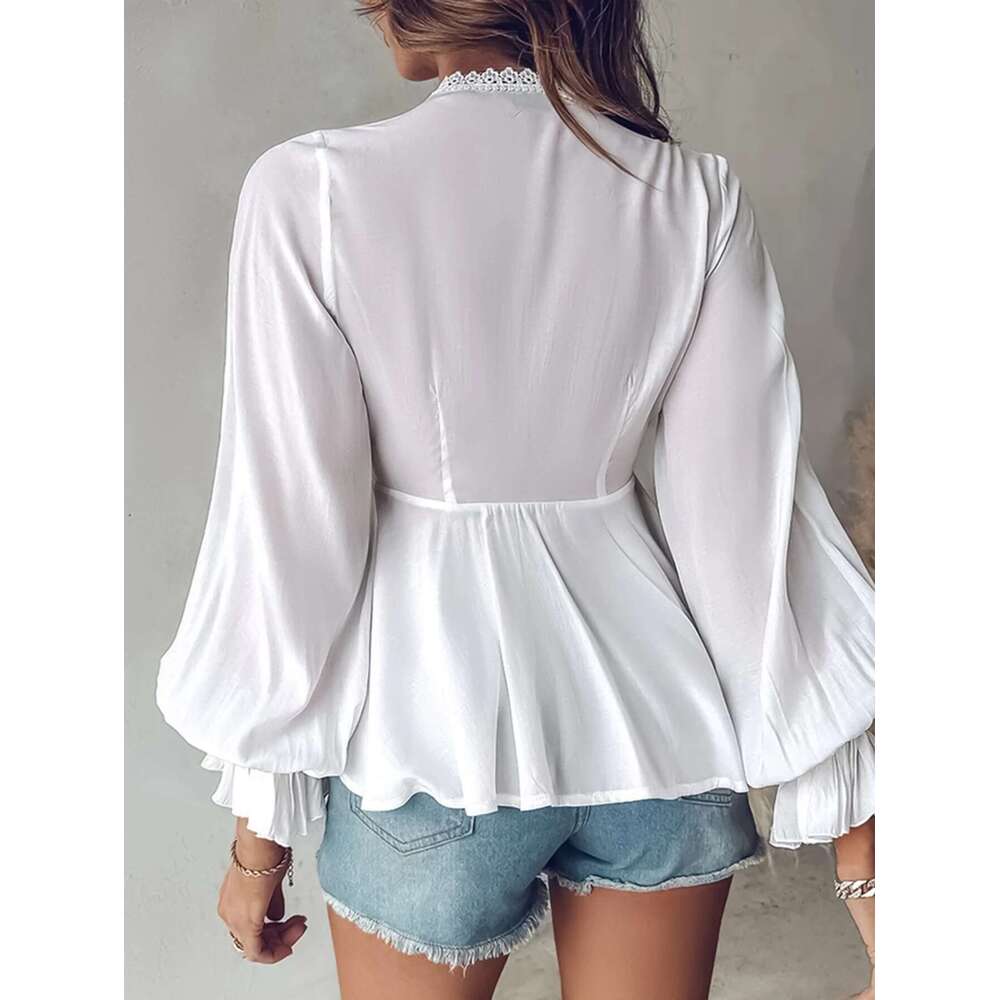 French Vintage Lace V-Neck Long Sleeve Lace-Up Waist Blouse Chic Design Short Top Autumn Women's Wear
