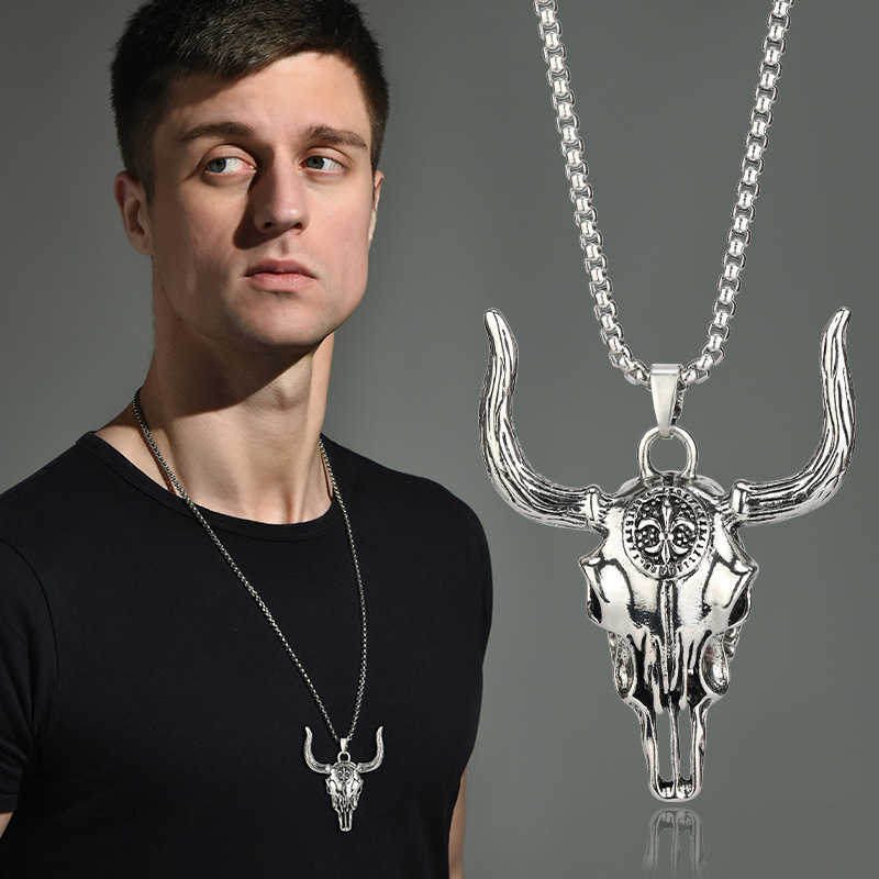 Pendant Necklaces Wild bull skull cool man titanium steel necklace mens domineering Street Western bull bone punk Pendant H25219
