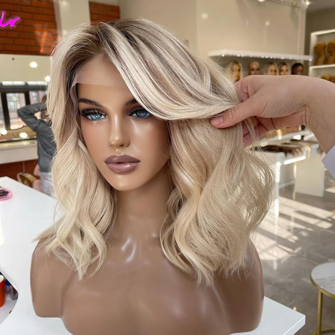 Ombre Ash blonde natural wavy bob Wig ,Short Highlight Human Hair 613 Colored Brazilian 360 Full Lace Wigs For Women Natural Hairline 14inch