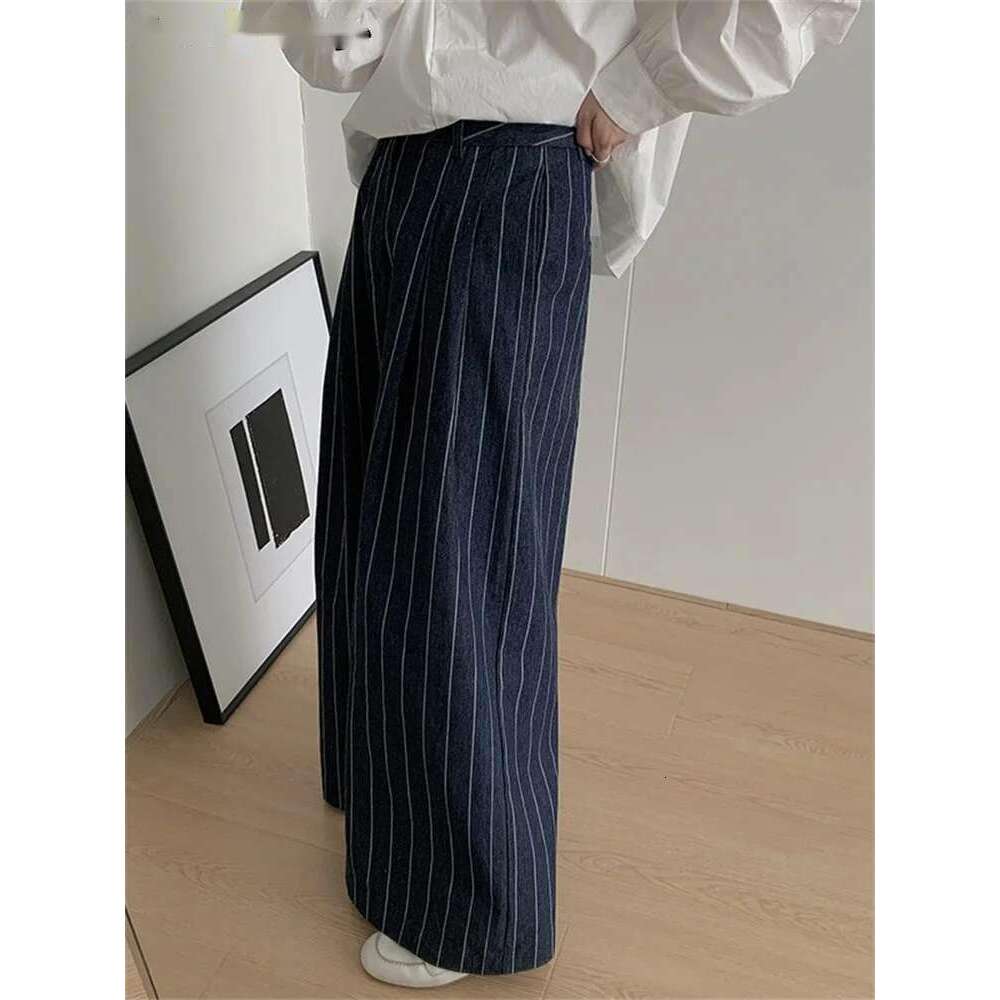 2025 Simple Classic High Waist Striped Blue Denim Wide Leg Pants Women Casual Versatile Jeans