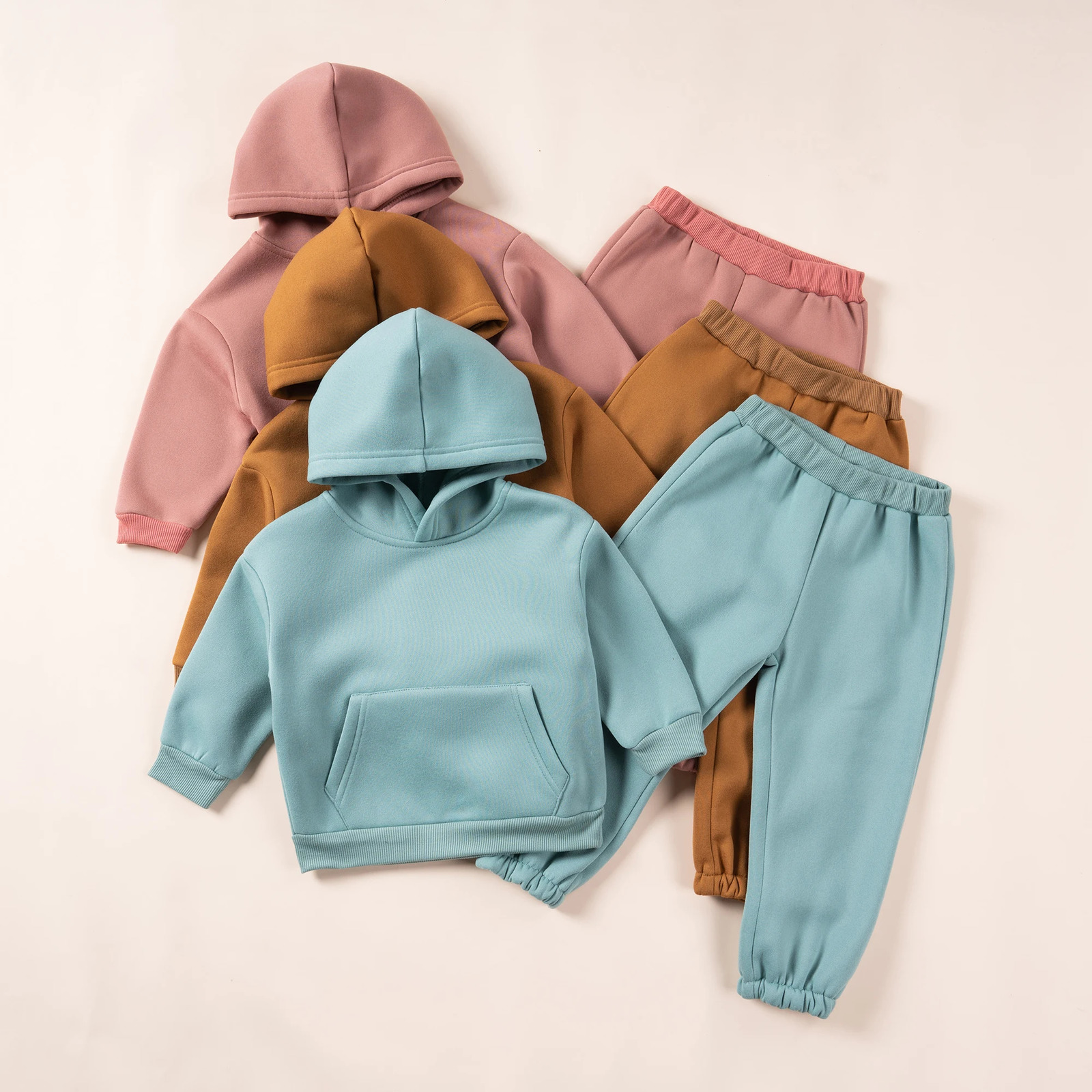 Winter Children Hooded Tracksuits Suits 0-6Y Toddler Boys Girls Clothing Suit Solid Plush Sweater and Sports Pants Set 250220