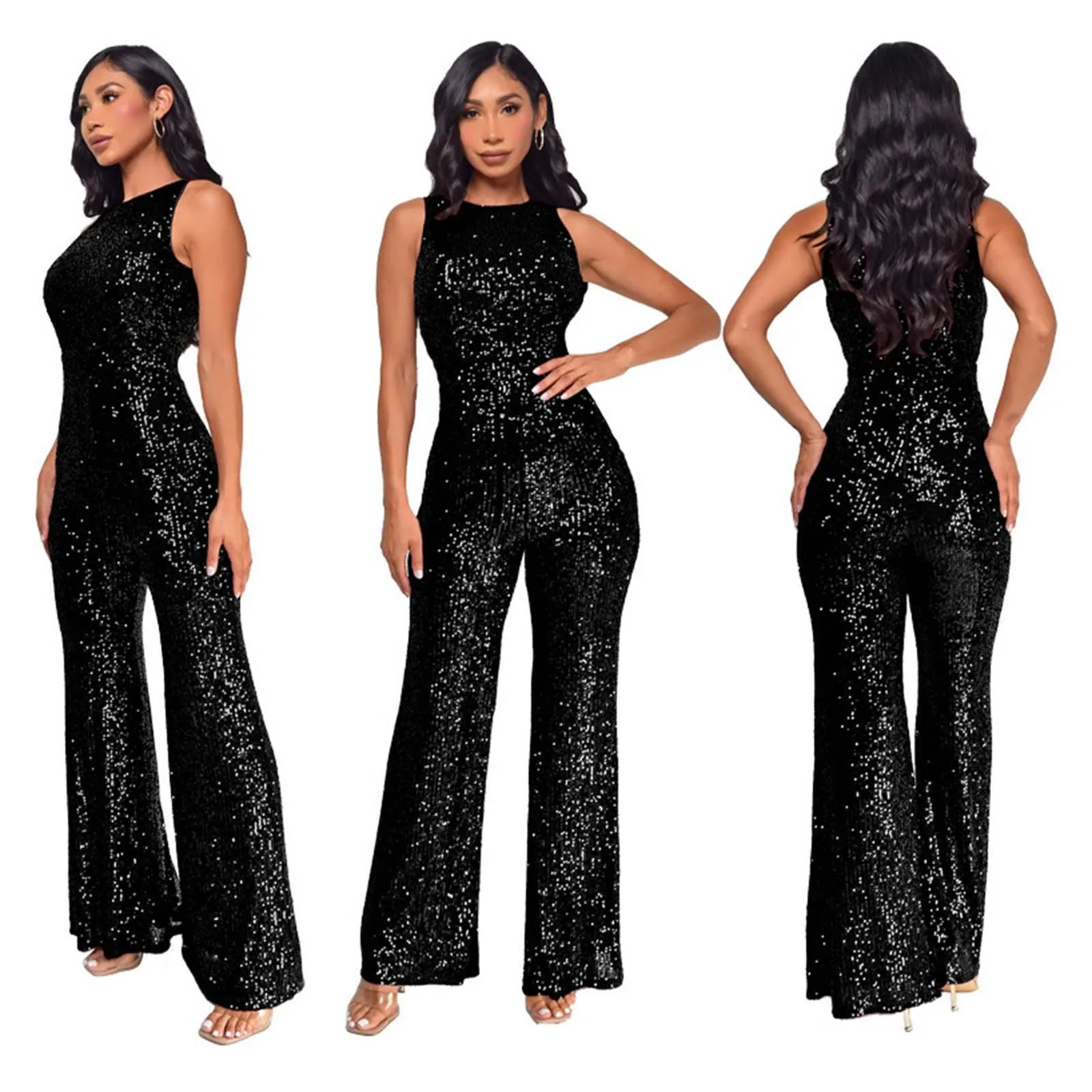 Women's Sequined Jumpsuit - Sleeveless High Waist Romper with Straight Leg Pants | Elegant Party & Nightclub Outfit