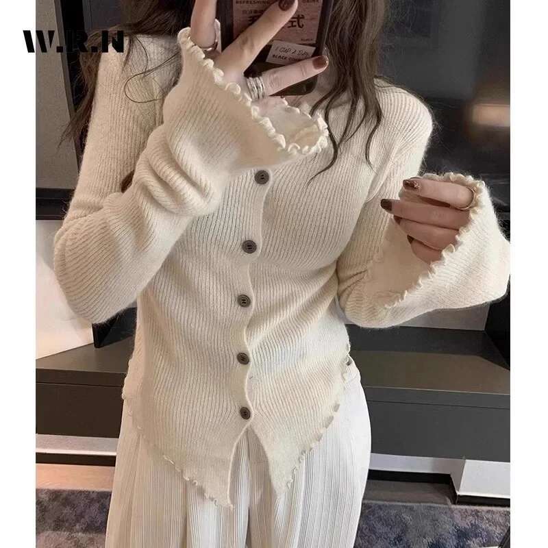 2025 Spring Hotsweet Long Sleeve Single Breasted Ladies Cardigans Women Gyaru Solid Color Knitting Casual O-Neck Sexy Sweater