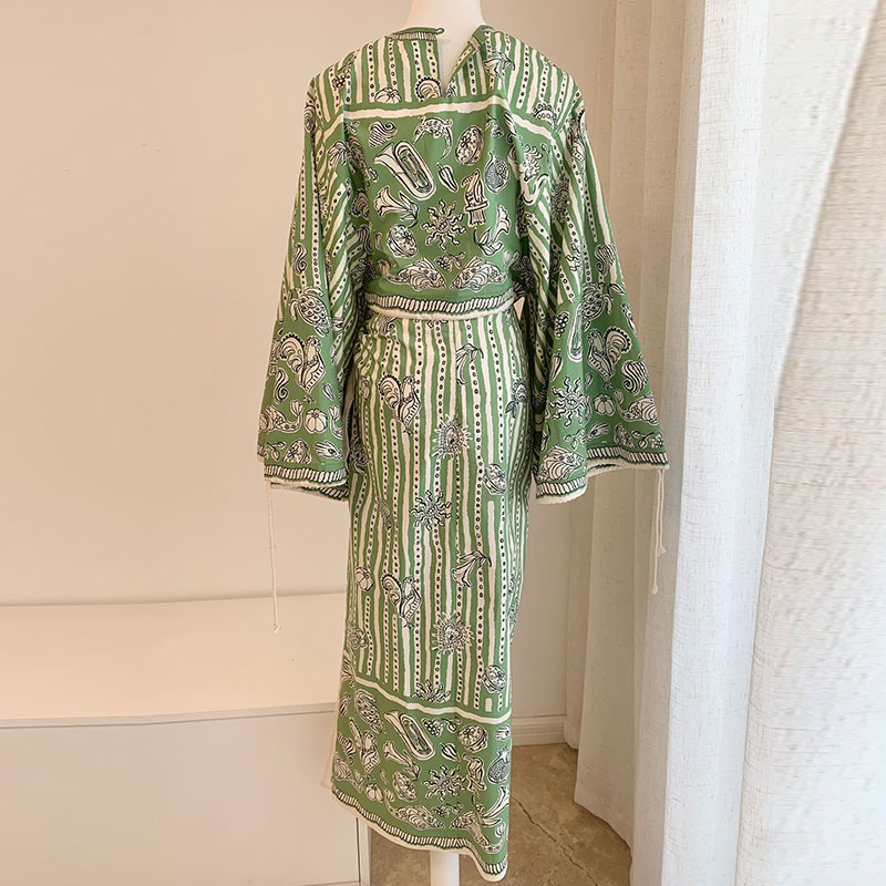Lady Organic Cotton Green White Stripe Print Set Luxury O Neck Long Sleeve Cropped Loose Top One-Piece High-Waist Tie Skirt Chic Spring High-Quality D