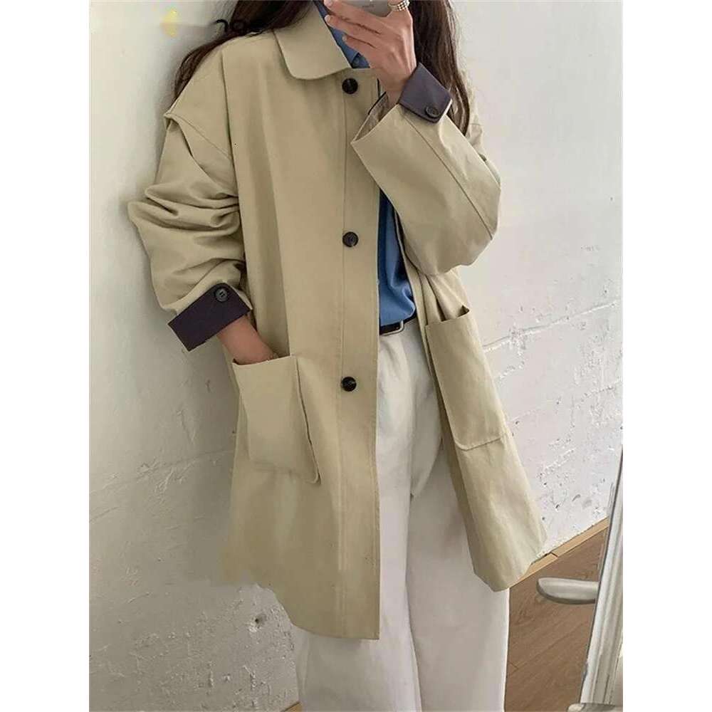 2025 Trench Coat Women Simple Spring Loose Versatile Collared Jacket Top Khaki Beige