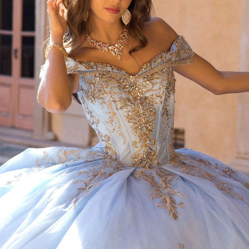 Sky Blue Shiny Quinceanera Dresses Ball Gown Off Shoulder Appliques Lace Beads Tull Sweet 16 Dress Vestidos 15 De Anos