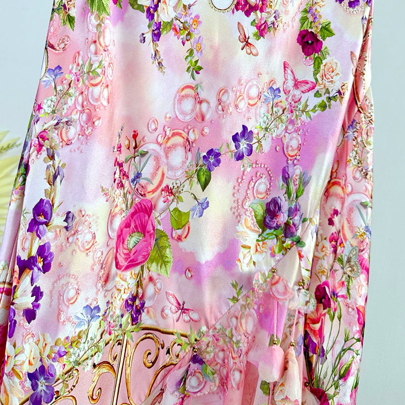 Women's Floral Print Silk Halter Neck Dress Classic Deep V-Neck Ruffled Backless Embroidered Fringe Crystal Rhinestones Spring Vacation Style Lux