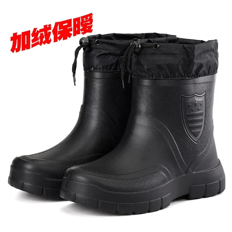 Winter Windproof Cotton Rain Boots Men Warm Light Ankle Rainboots Fashion Black Slip on Shoes Waterproof Work Boot 250219