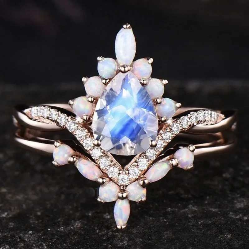 European and new fashionable colorf jewelry inlaid with water droplet gemstone wens double-layer ring X250220