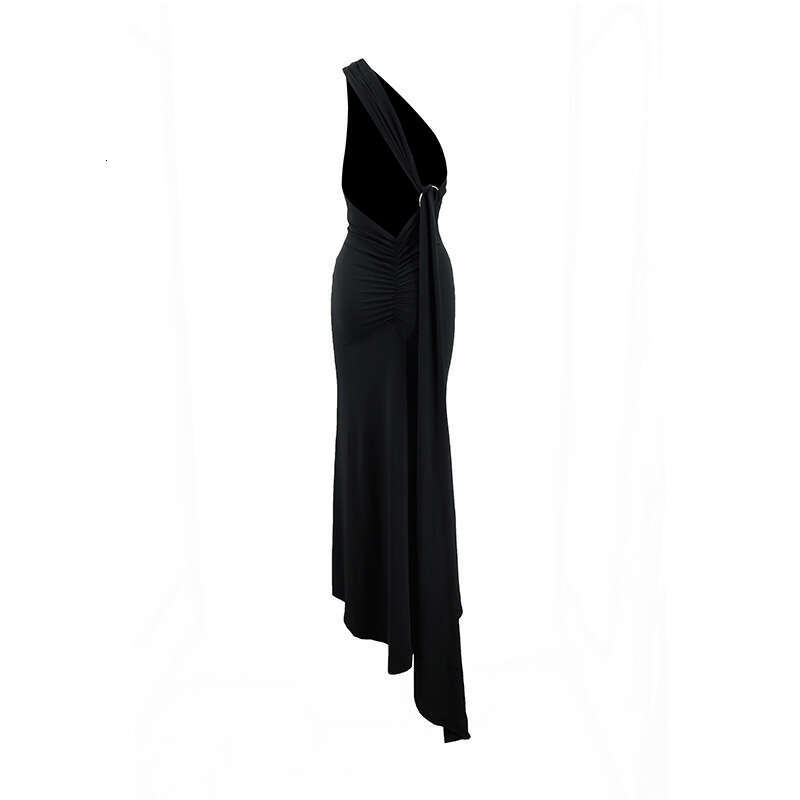 European and American style women's summer product slanted shoulder sexy slim fit backless pleated hollow suspender long dress 2025 new casual fa