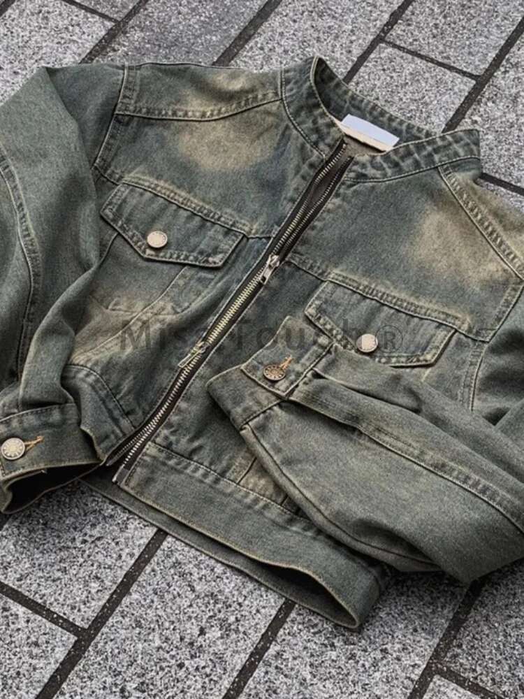 AI.Fashion Stand Collar Y2k Denim Zipper Slim Vintage Coats Women Elegant Streetwear Short Jackets Female Ladies