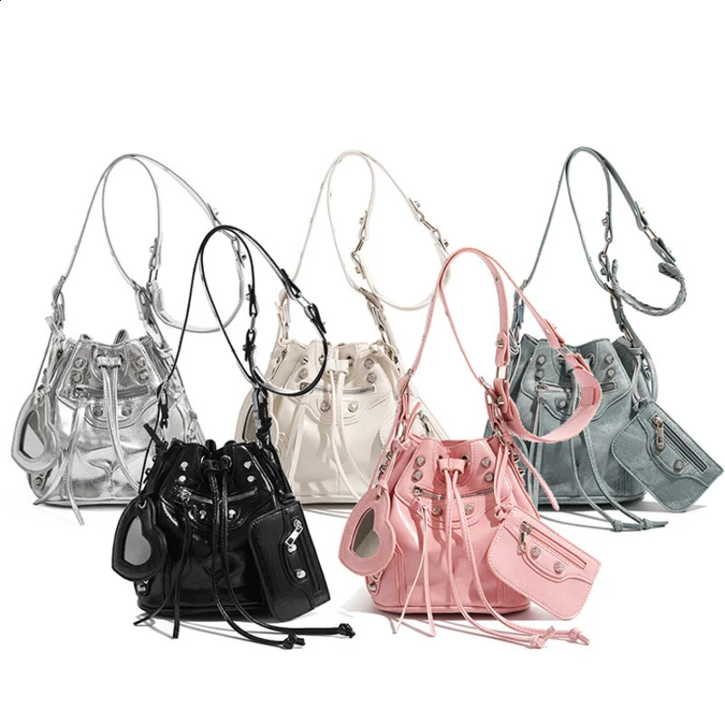 Fashion Women Bucket Bags Advanced Drawstring Street Trend Shoulder Purses Rivet Handbags PU Leather Crossbody Bag 250218
