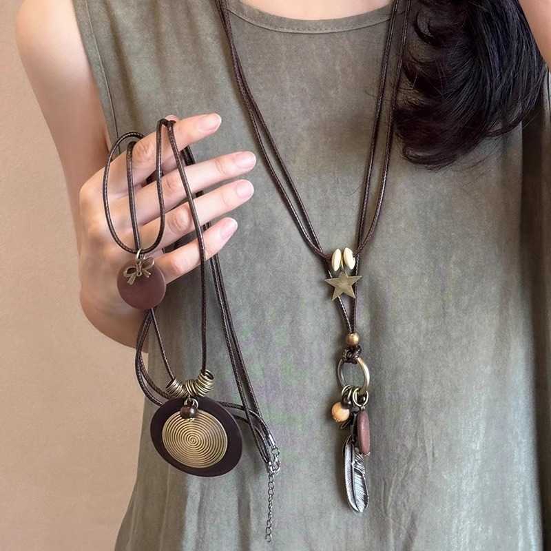 Pendant Necklaces Forest style ethnic wooden pendant necklace for women bohemian style multi-layered layered vacation style long necklace H25219