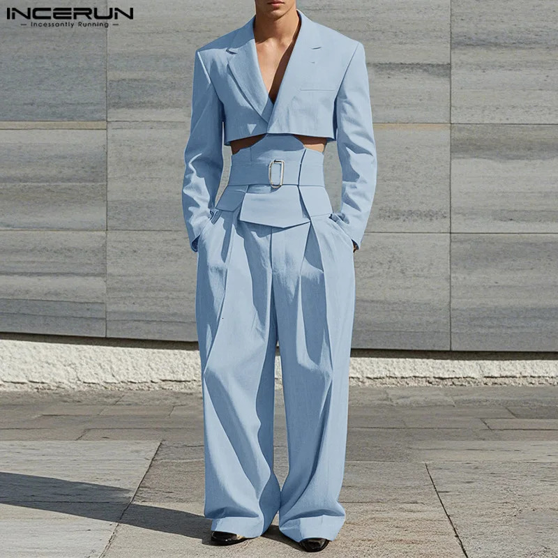 INCERUN Spring and Autumn Mens Long Sleeve Top Solid Wide Leg Pants Mens Two Piece Casual Set Streetwear 250220