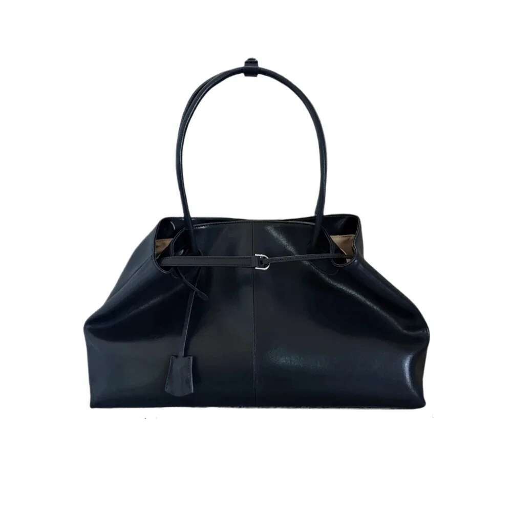 Retro Black Transform Huge Travel Tote 46Cm Simple Cowhide Leather Women Handbag Long Handle Stylish Euro Armpit Shoulder Bag