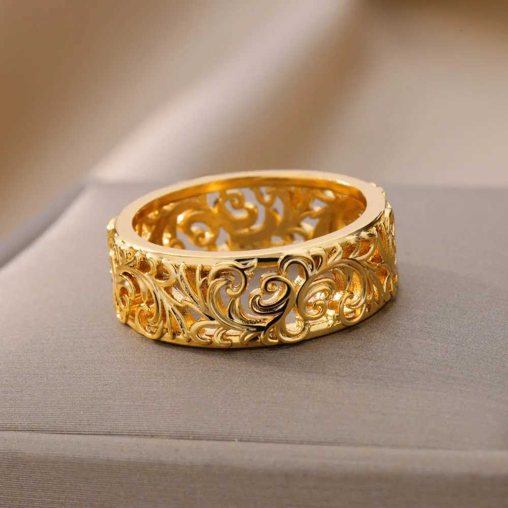 Hollow Flower Rings For Wen Gold Color Stainless Steel Ring Fem Engagement Wedding Party Finger Jewelry Gift 2024 Trend X250220