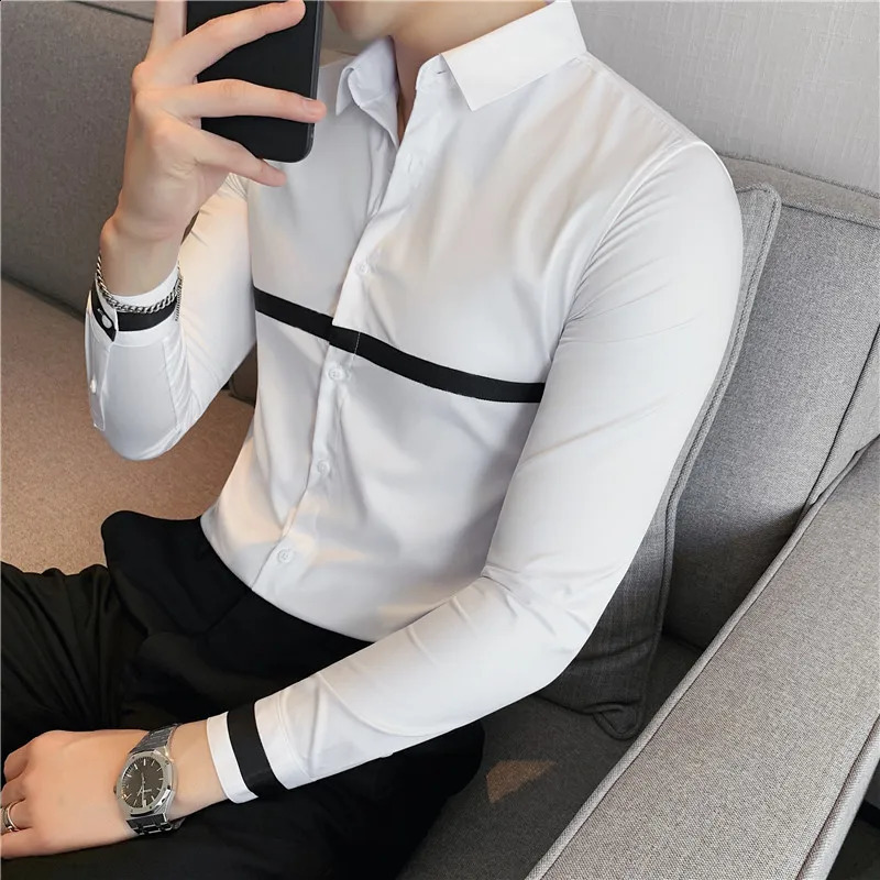 Autumn Long Sleeve Shirts Slim Fit Casual Business Formal Dress Ribbon Decoration Social Party Office Mens Clothing 250220
