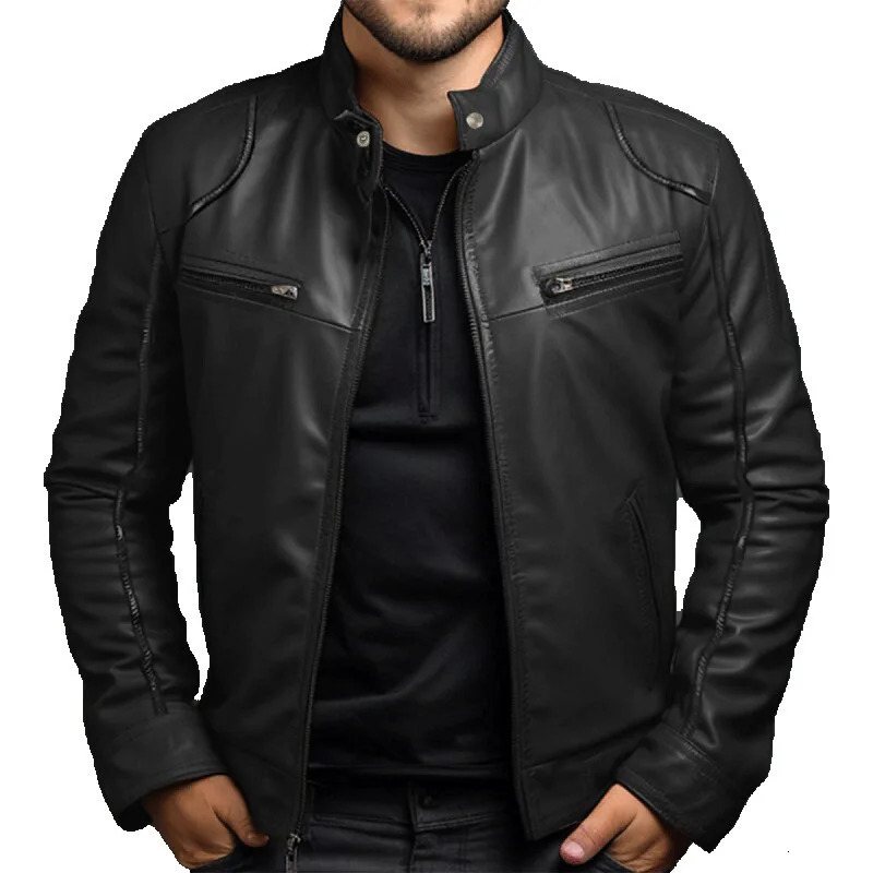 Mens Business PU Leather Jacket for Autumn and Winter Fashionable Stand Up Collar Casual Men 250210