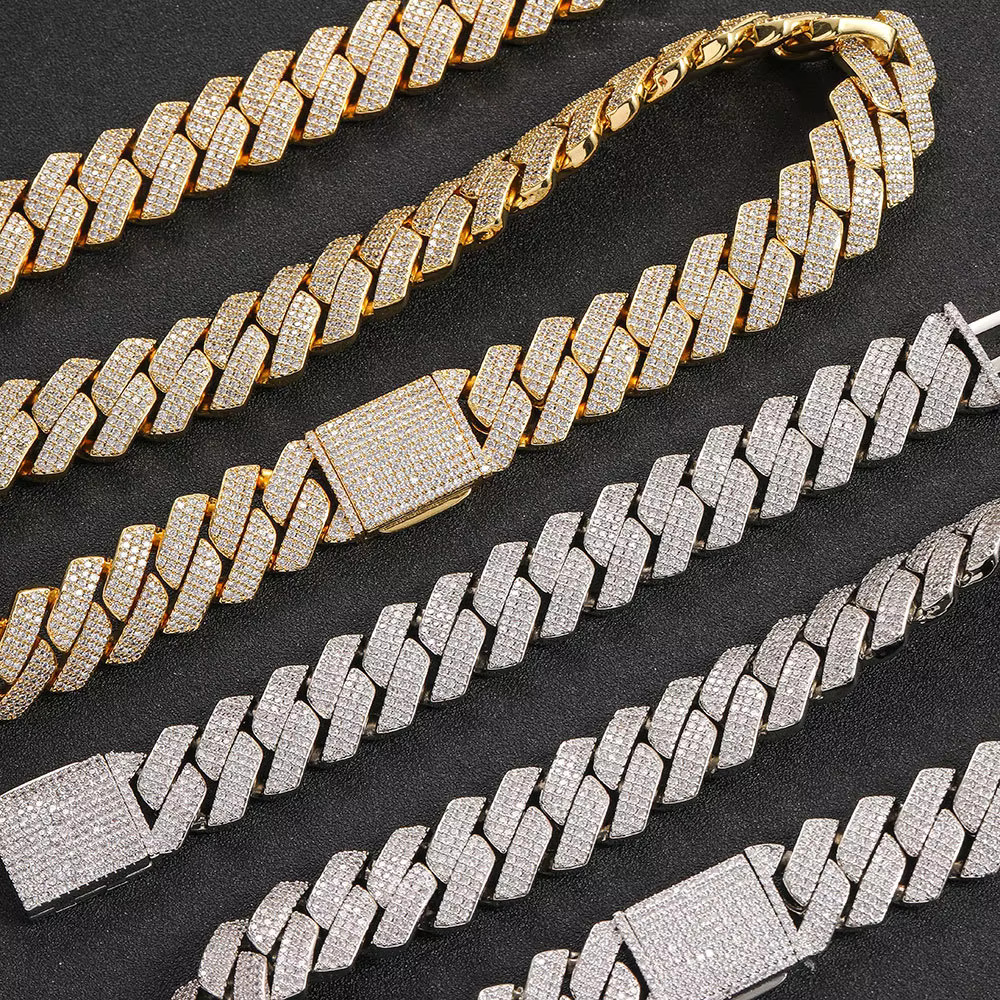 Brass Material 15mm Shiny Dia Fashion Bracelet Moissanite Cuban k Chain Necklace
