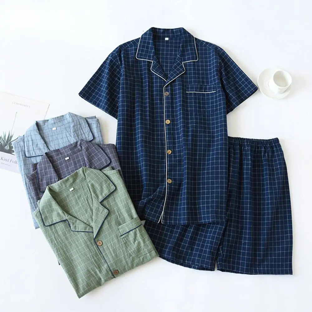 2024 SpringSummer Mens Pajama Short Sleeve Top and Pants Pure Cotton Plain Home Service Set Pantalon Hombre 250220