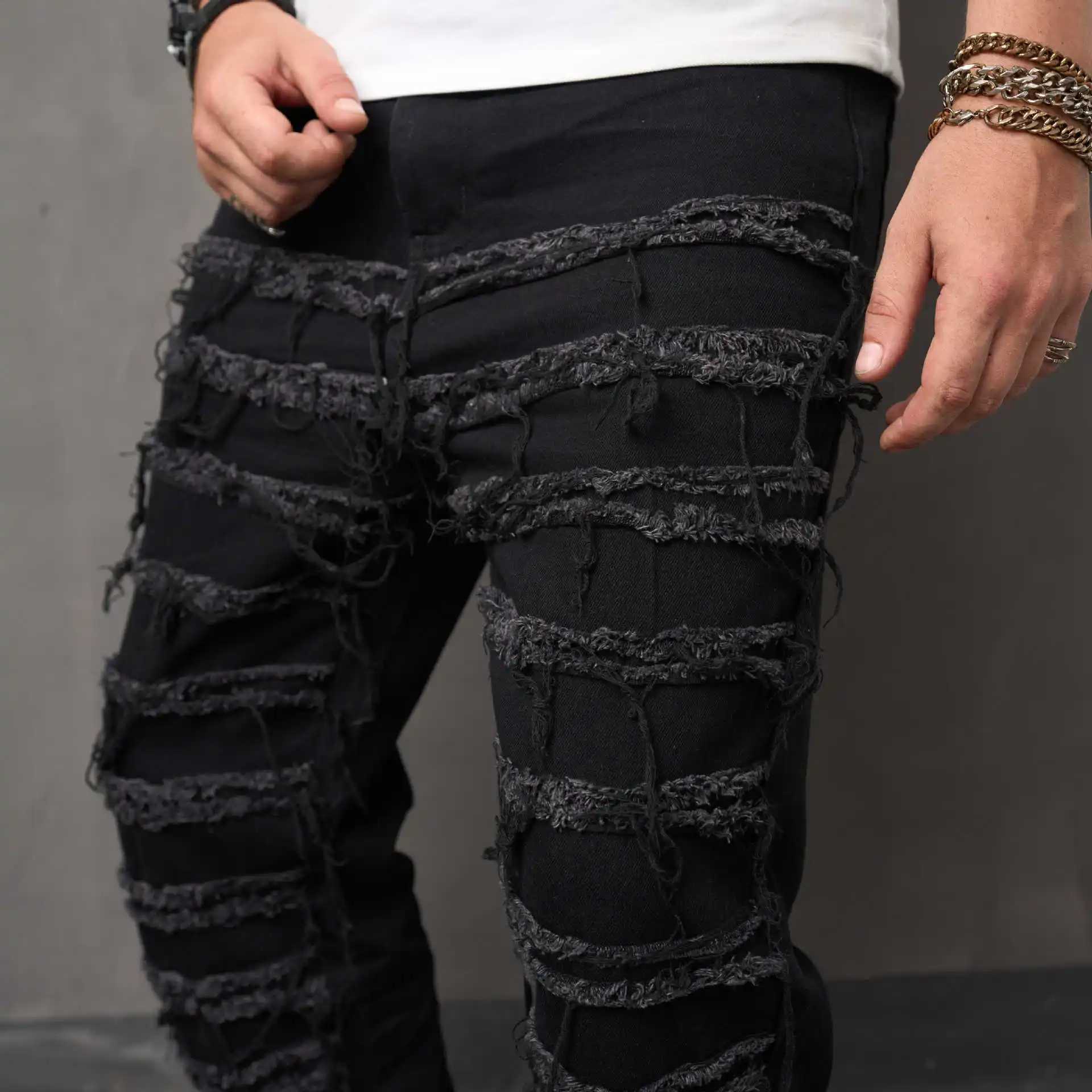 2024 New Mens Loose Fashionable Wide-leg Casual Solid Color American Denim Long Pants with Ripped Holes and Whiskering. X250220
