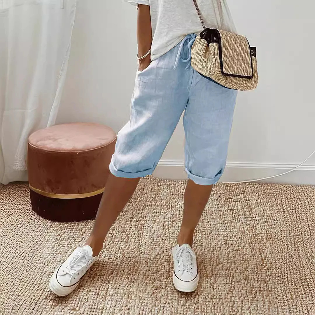 Shorts Women summer cotton linen elastic waist pocket elastic casual pants five quarter womens clothing YRW911 250217