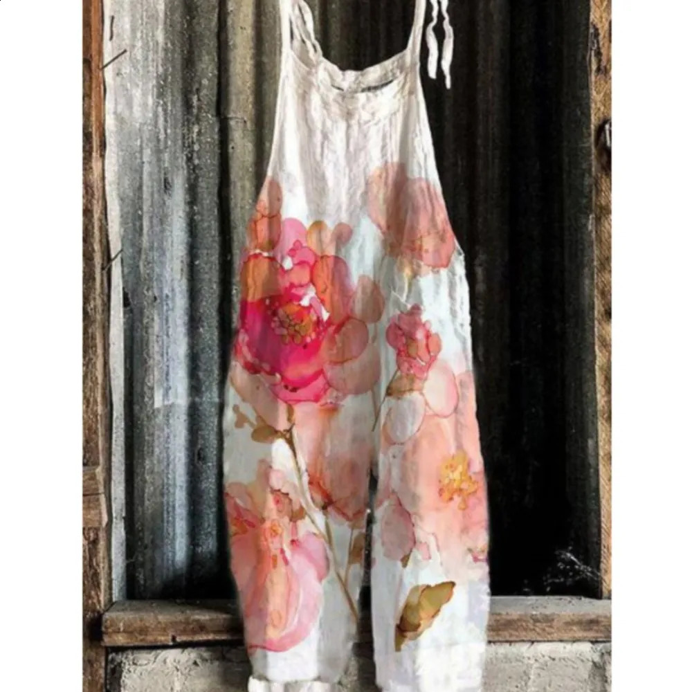 Womens Jumpsuits Summer Overalls Boho Vintage Print Square Neck Sleeveless Casual Rompers Pockets Wide-Leg Pants Womens Playsuit 250220