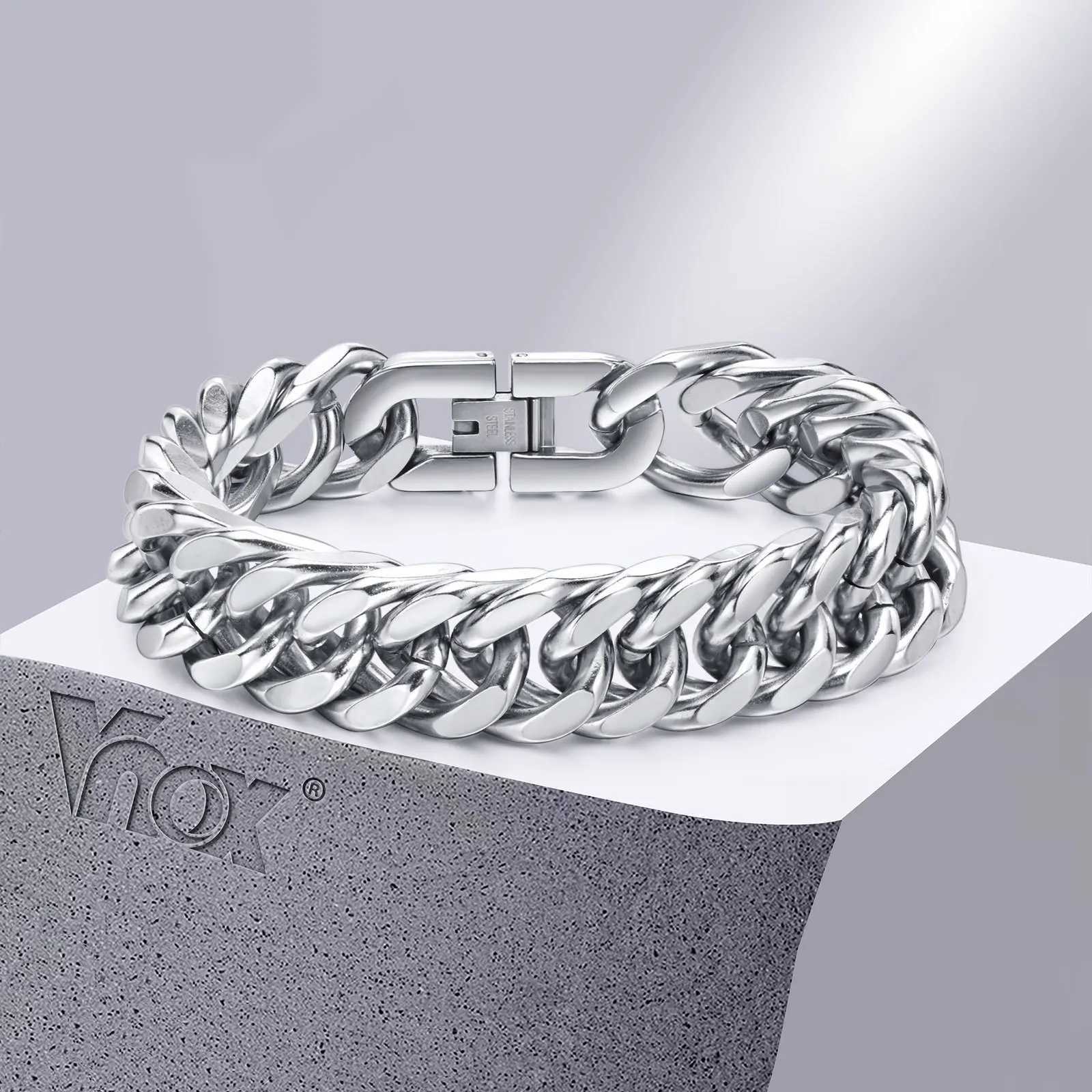 Vnox 10/12/15MM Width Stainl Steel Cuban Chain Bracelets for Men Silver Color Fashion Hip Hop Male Boy Wristband Dad GiftXJ250219