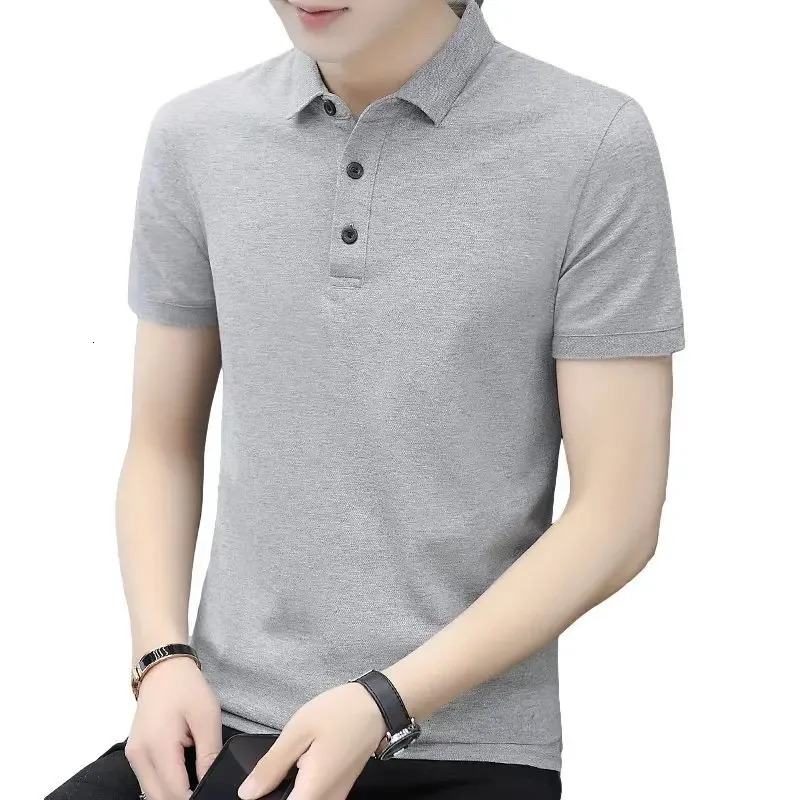 Hong Kong trend mens summer polo shirt short sleeved business casual lapel top gray white 250220