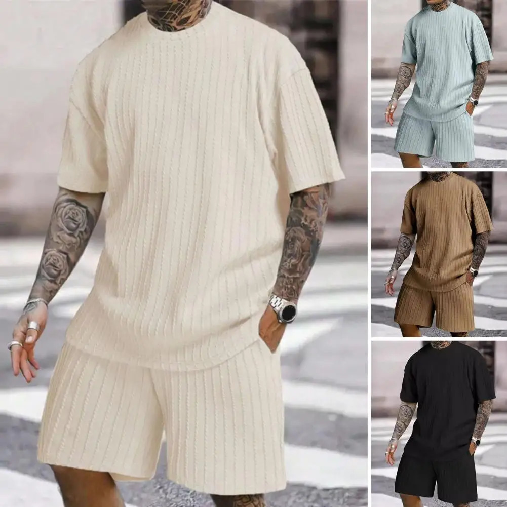 Jogging Suit with Pockets Mens Jacquard Texture Sports Suit Set with Elastic Waist Shorts Pockets Breathable for Fitness 250220