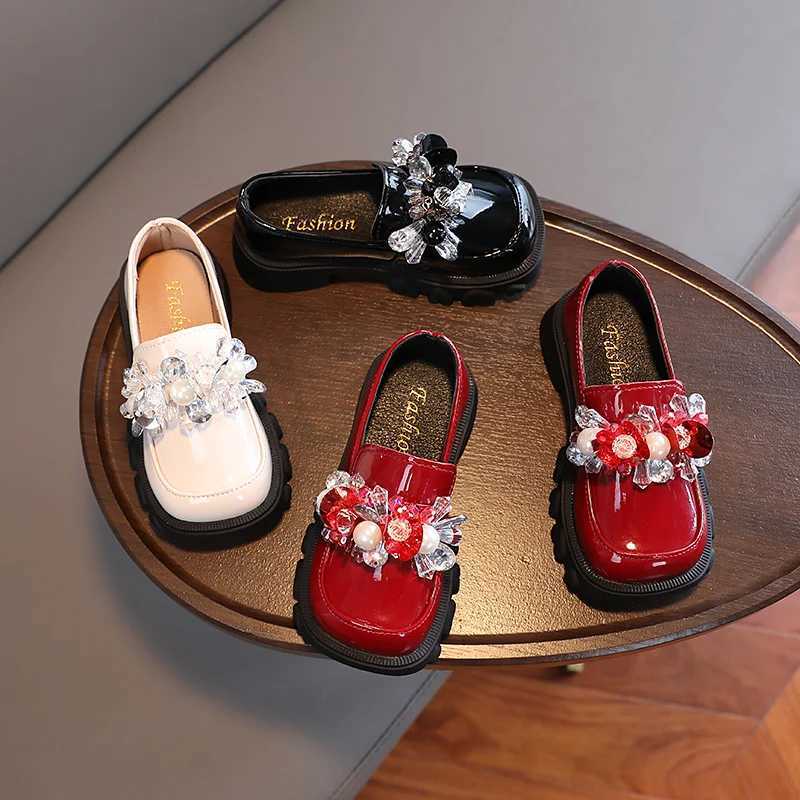 Autumn Girls Loafers Platform Crystal Beading Beautiful Children Leather Shoes Three Colors 23-36 Infant Square Toe Kids Shoes X250220