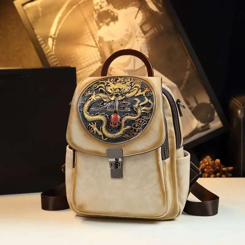 Retro National Style Leather Backpack Female Dragon Year Emment Large Capacity Single Shoulder Multi-Functional Travel Bag