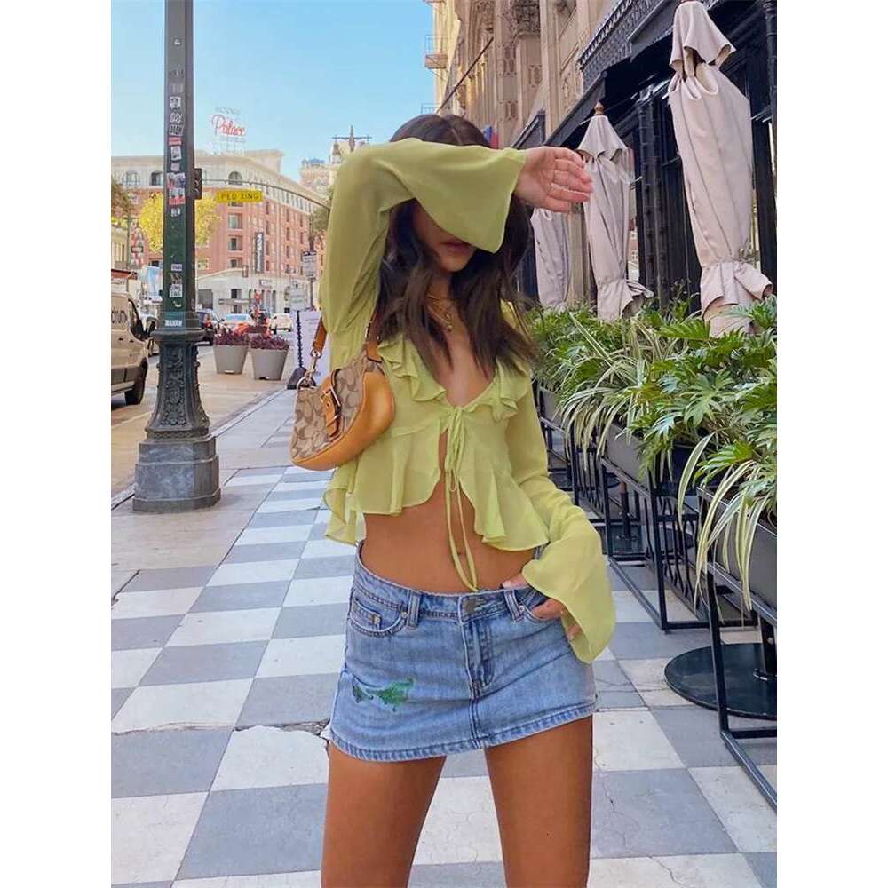 Women See Through Blouse Crop Mesh Sheer Tie Up Long Flare Sleeve V Neck Ruffle Tops Summer Sexy Casual Shirts Female Top