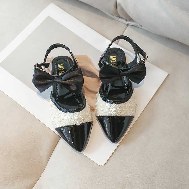 Girls Sandals Pointed Toe Patent Leather Pearl Elegant Kids Summer Shoes Shallow Flat Black Beige New Children Shoes 26-36 X250220