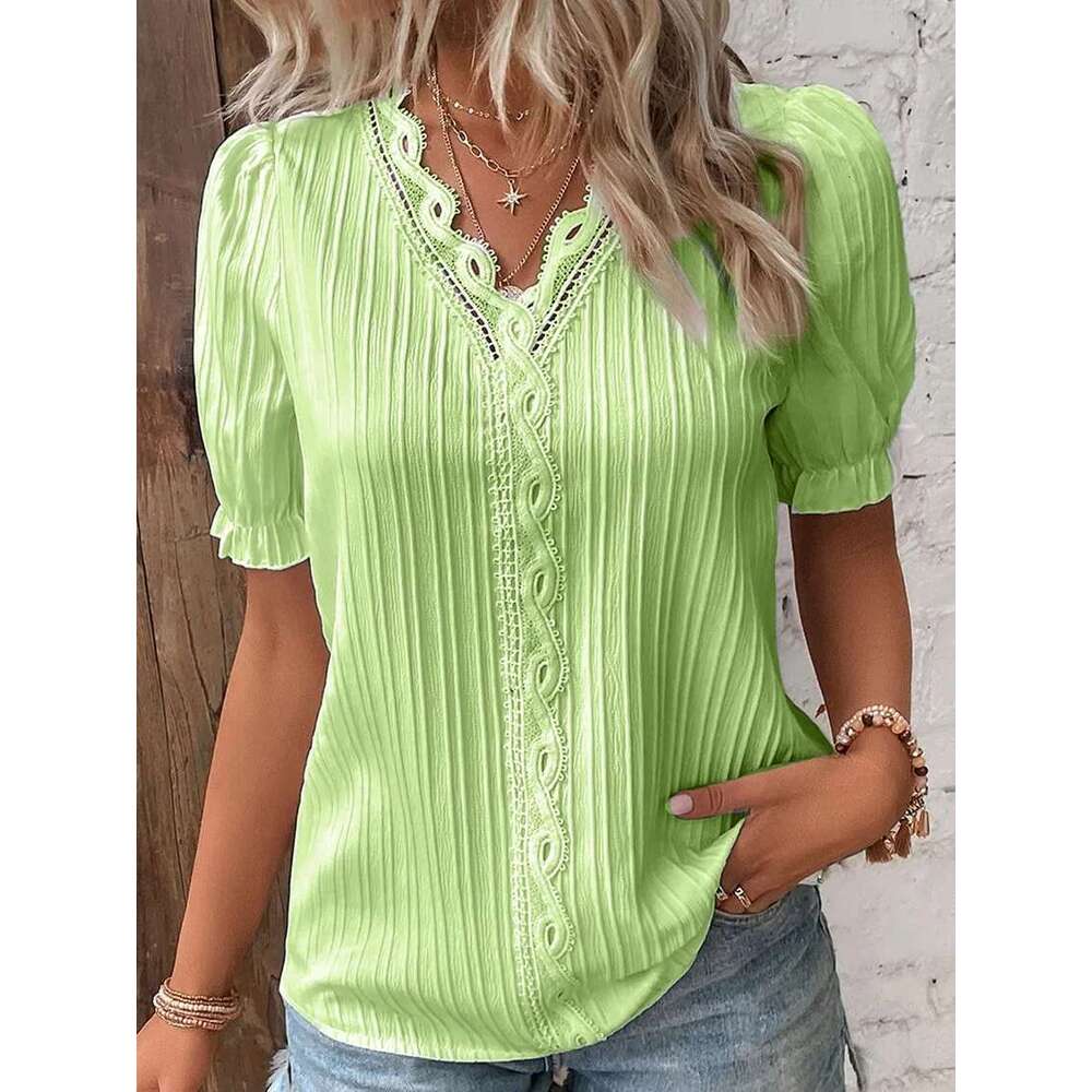 Women's Summer New Top 2024 Solid Sexy V-Neck Hollow Short Sleeve Shirt Fashion Splice Plus Size Blouse Loose Street Apparel