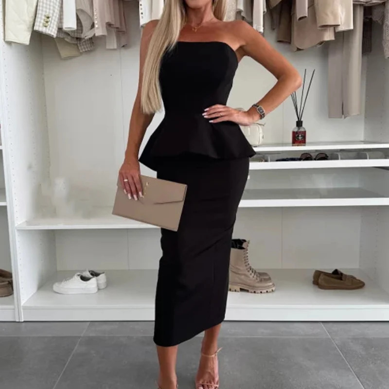 Women Sexy Strapless Top with A-line Skirt 2pc Set Elegant Temperament Multi Color Slim Party Suit Office Lady Wrap Hip Outfits 250220