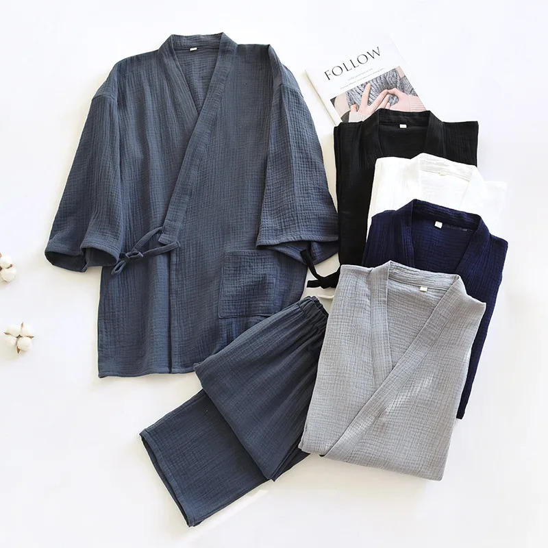 SpringAutumn Japanese Kimono Mens Pajamas Men Sleepwear Male Thin Gauze Cotton LaceUp Top Pants Loose Twopiece Homewear 250220
