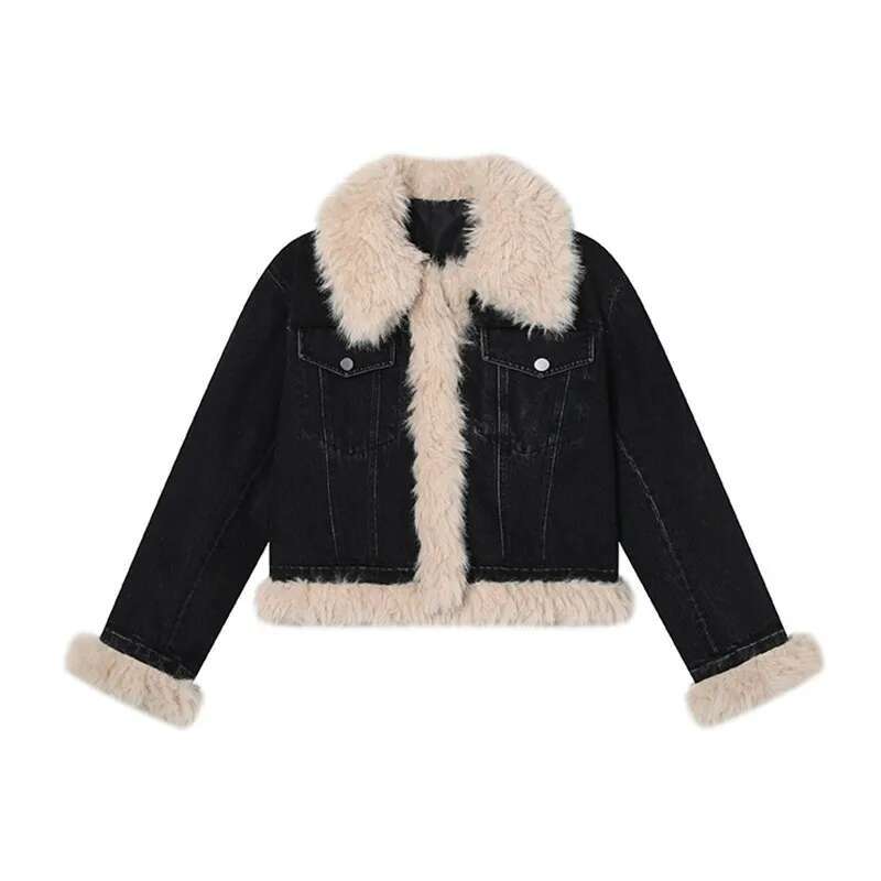 Karrram Y2k Aesthetics Black Denim Grunge Fairycore Jeans Fur Jacket 2000s Haruku Winter Coat Patchwork Vintage Korean
