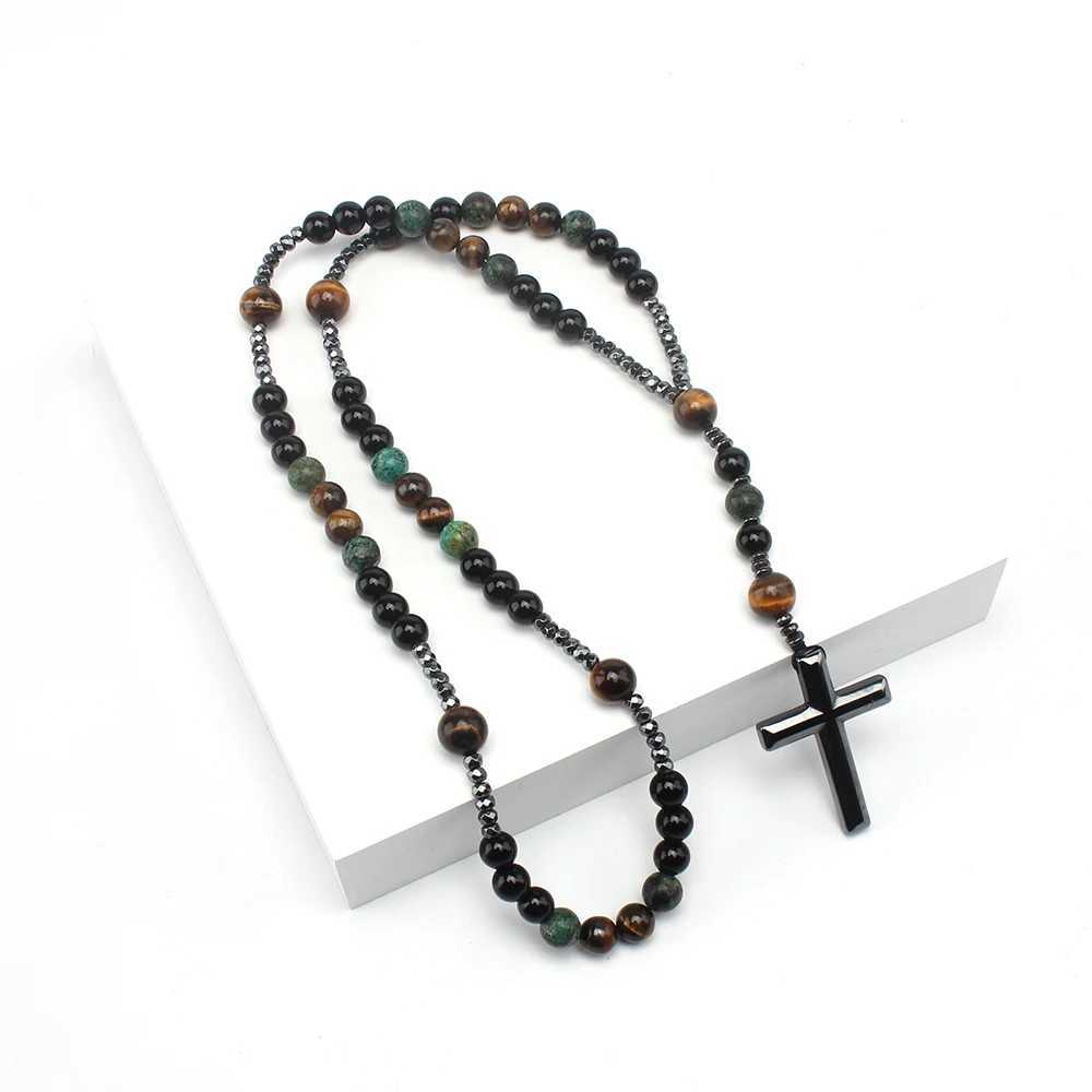 Natural Stone Africa Turquoise and Tiger-eye Beads Cross Pendant Necklace Rosary for Men and WomenXJ250219