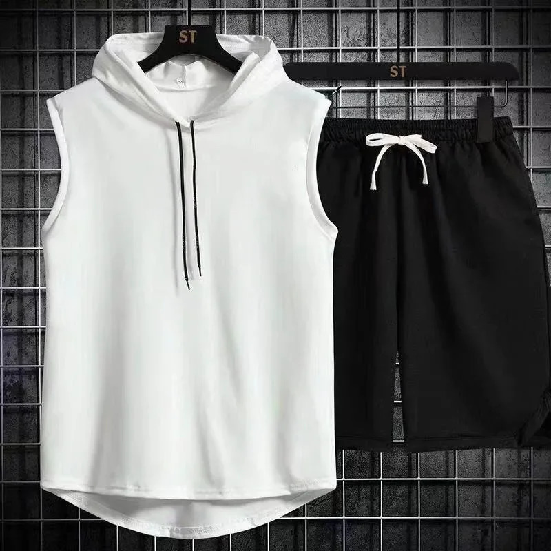 2024 Mens Oversized Tracksuit Set Sleeveless Hood T Shirts Shorts Pants Sports Vest 2 Piece Suits Summer Gym Workout Hoodie 250220