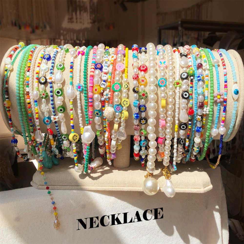 Pendant Necklaces Korean Ins style crystal bead necklace for women niche and versatile. Pearl colored beads collarbone chain dopamine jewelry H25219