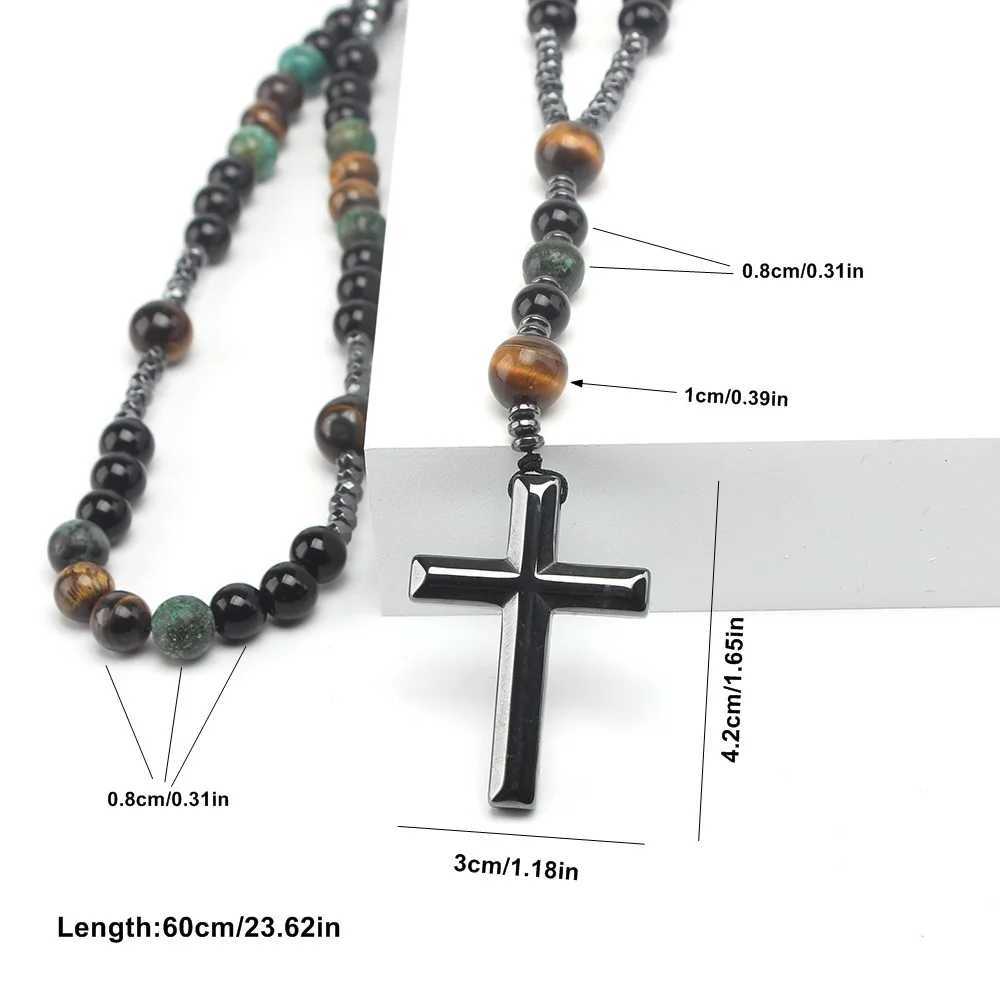 Natural Stone Africa Turquoise and Tiger-eye Beads Cross Pendant Necklace Rosary for Men and WomenXJ250219