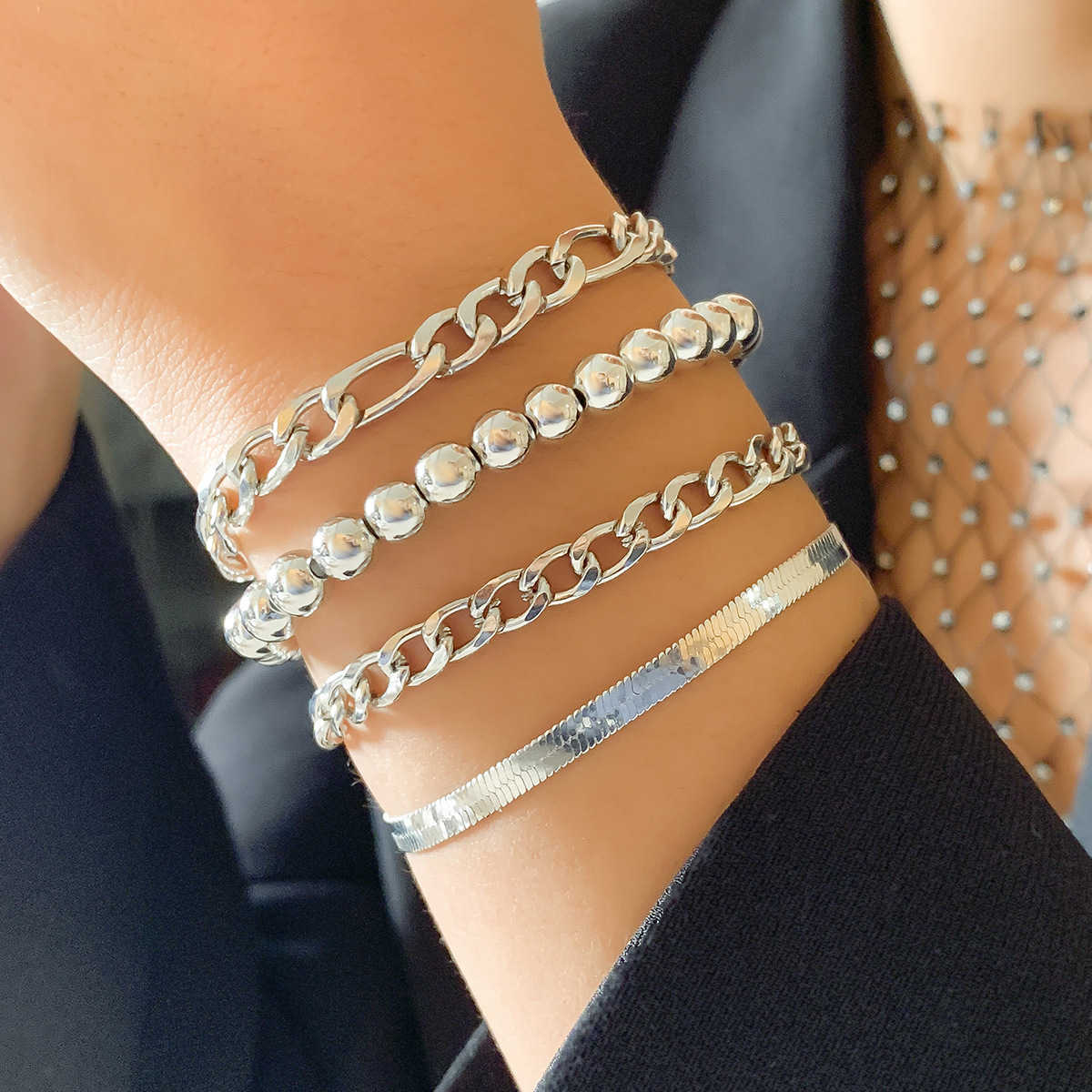 Charm Bracelets Female punk hip hop snake bone chain bracelet set metal bead chain bracelet H25220