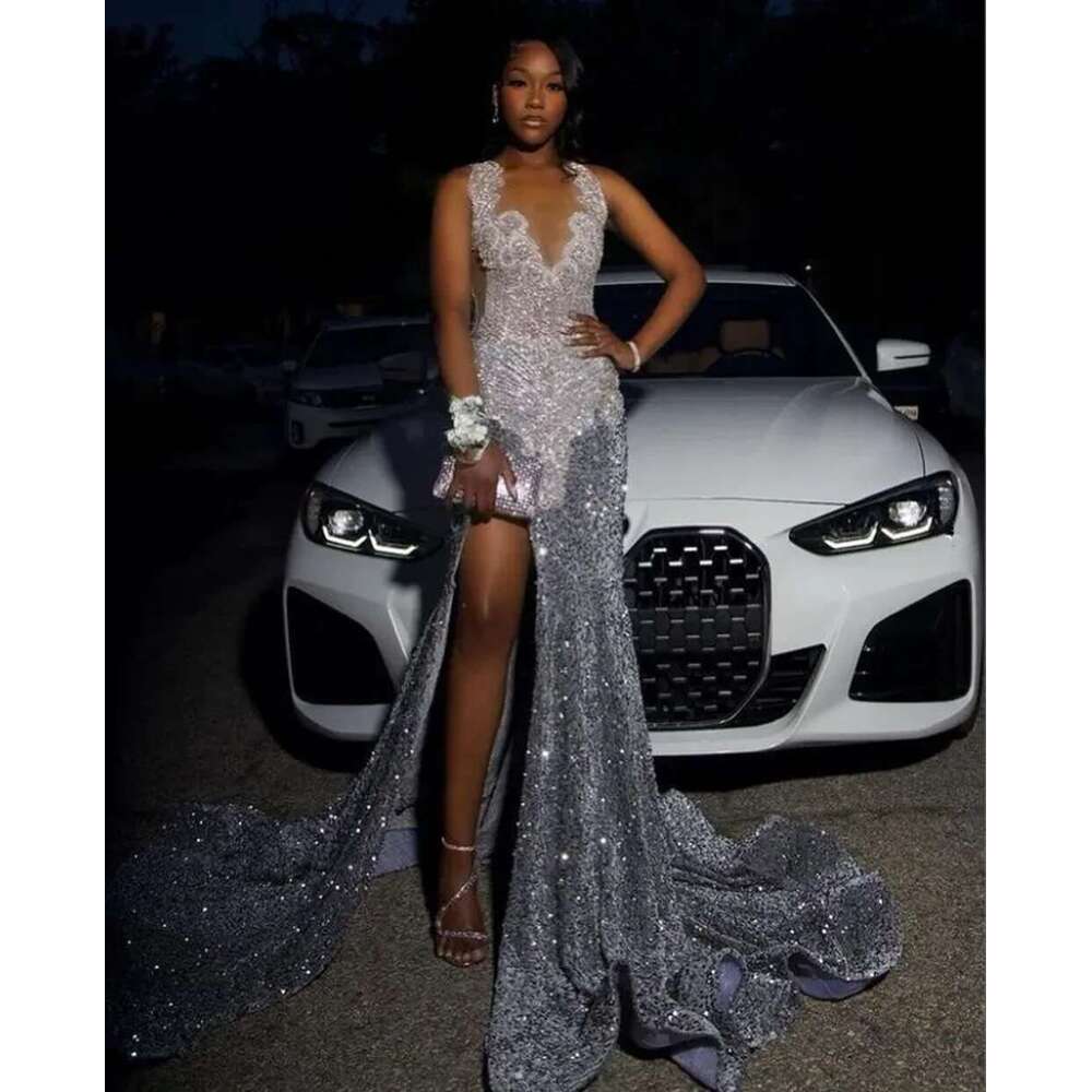 Sparkly Long Dresses Sexy High Slit Dia Sier Sequin Black Girls Mermaid Prom Dress