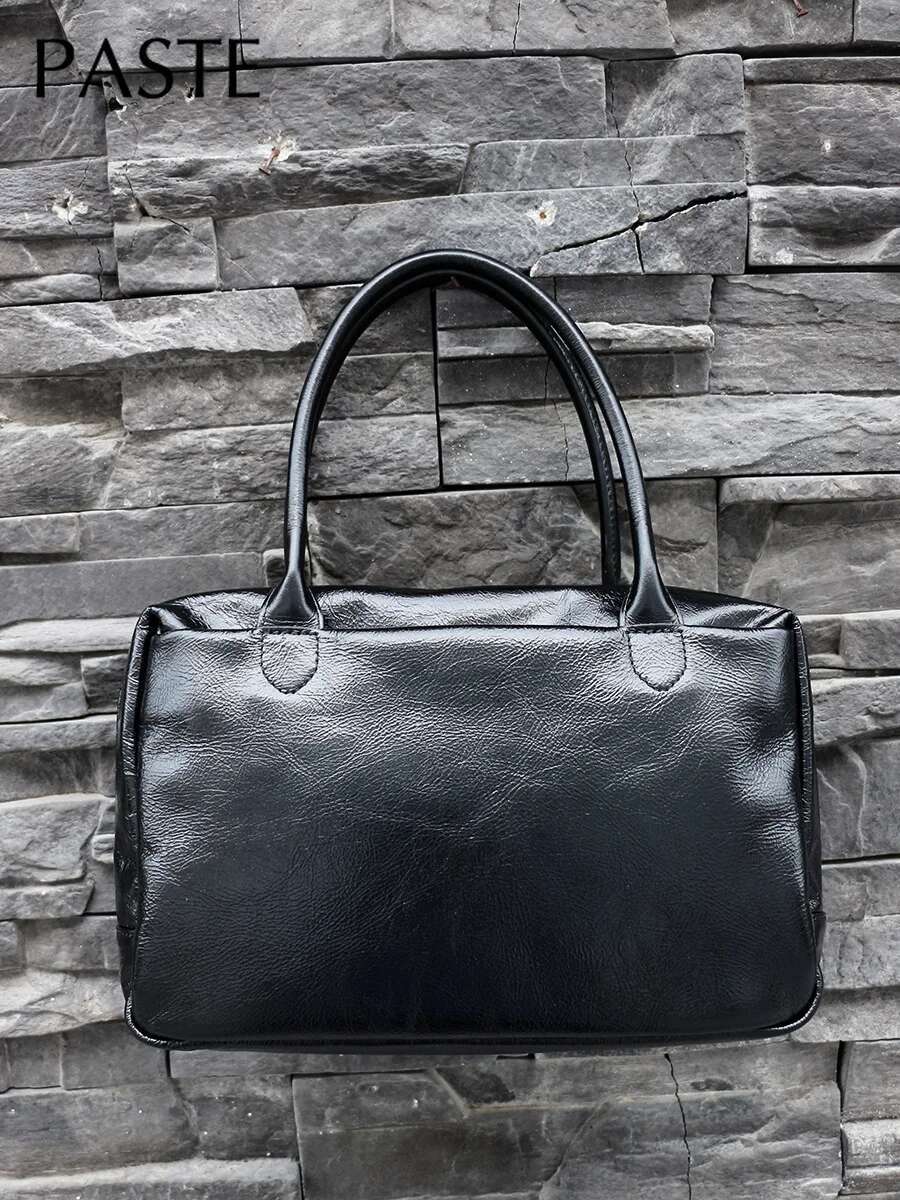 French Retro Boston Tote Wine Red Color Glossy Oil Wax Cow Leather Women Handbag Office Workplace Female Shoulder Bag