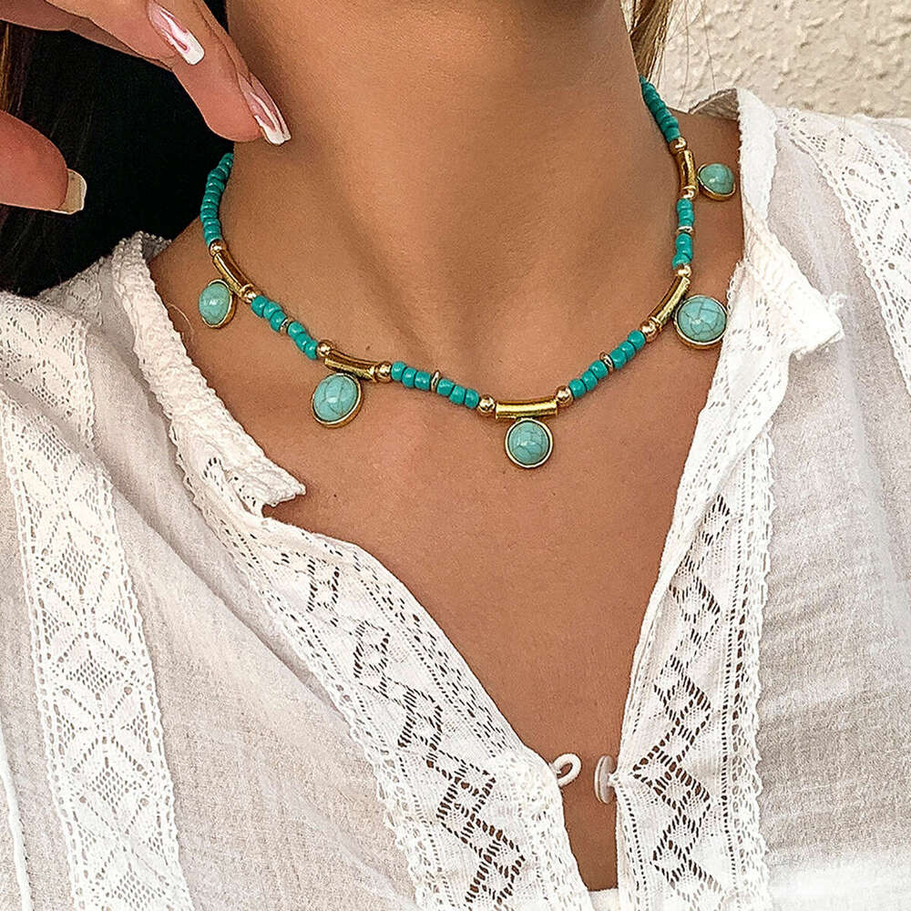 Jewelry splicing, turquoise geometric tassel, hanging ball necklace, rustic mix and match, round bead chain, necklace