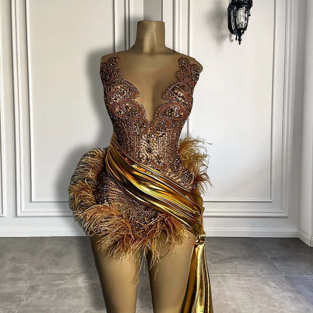 Dia Gold Formal Ocn Tail Sheer Sexy See Through Black Girls Feather Short Prom Dresses Birthday