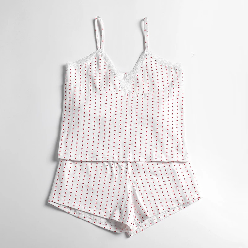 2 Piece Set Women Loungewear Cute Sweet Heart Lace Trim V Neck Cami Casual Shorts Sleeveless Crop Tops Pamas Homewear 250219
