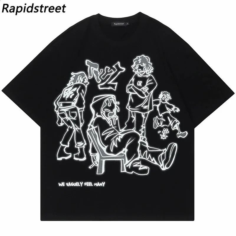 Harajuku Cartoon Girl Cat Japanese Kanji Graphic T Shirt Streetwear Oversized Men TShirt Hip Hop Women Short Sleeve Tops 250218
